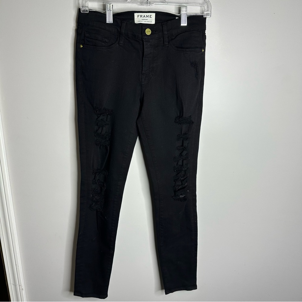 Women’s FRAME Denim Size 27 Le Skinny De Jeanne Black Distressed Jeans